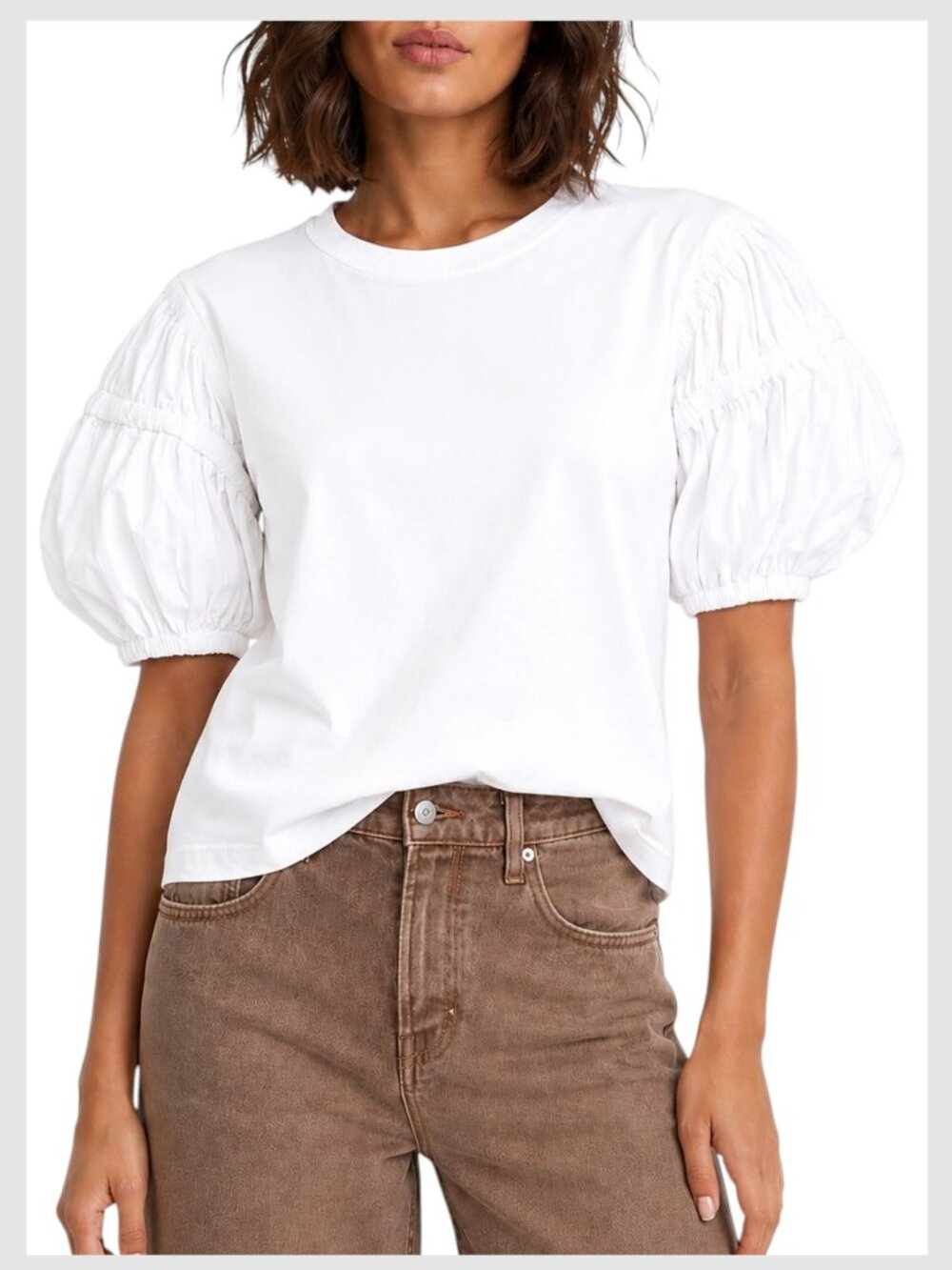 A.L.C. Kora Ruched Puff Sleeve White Cotton Blouse M